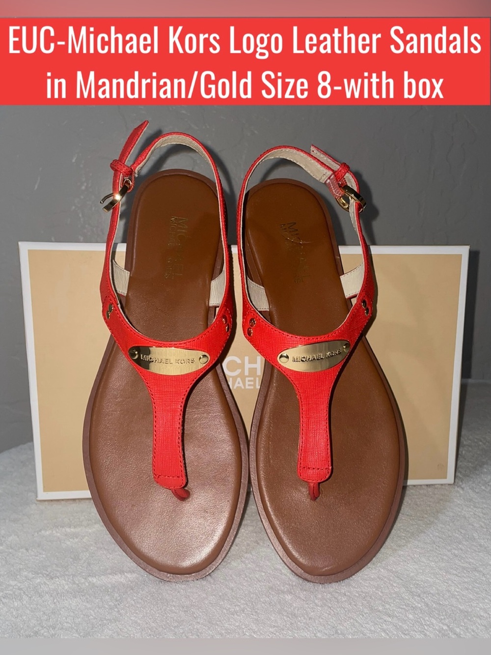 EUC-Michael Kors Logo Leather Sandals in Mandrian/Gold Size 8 with box